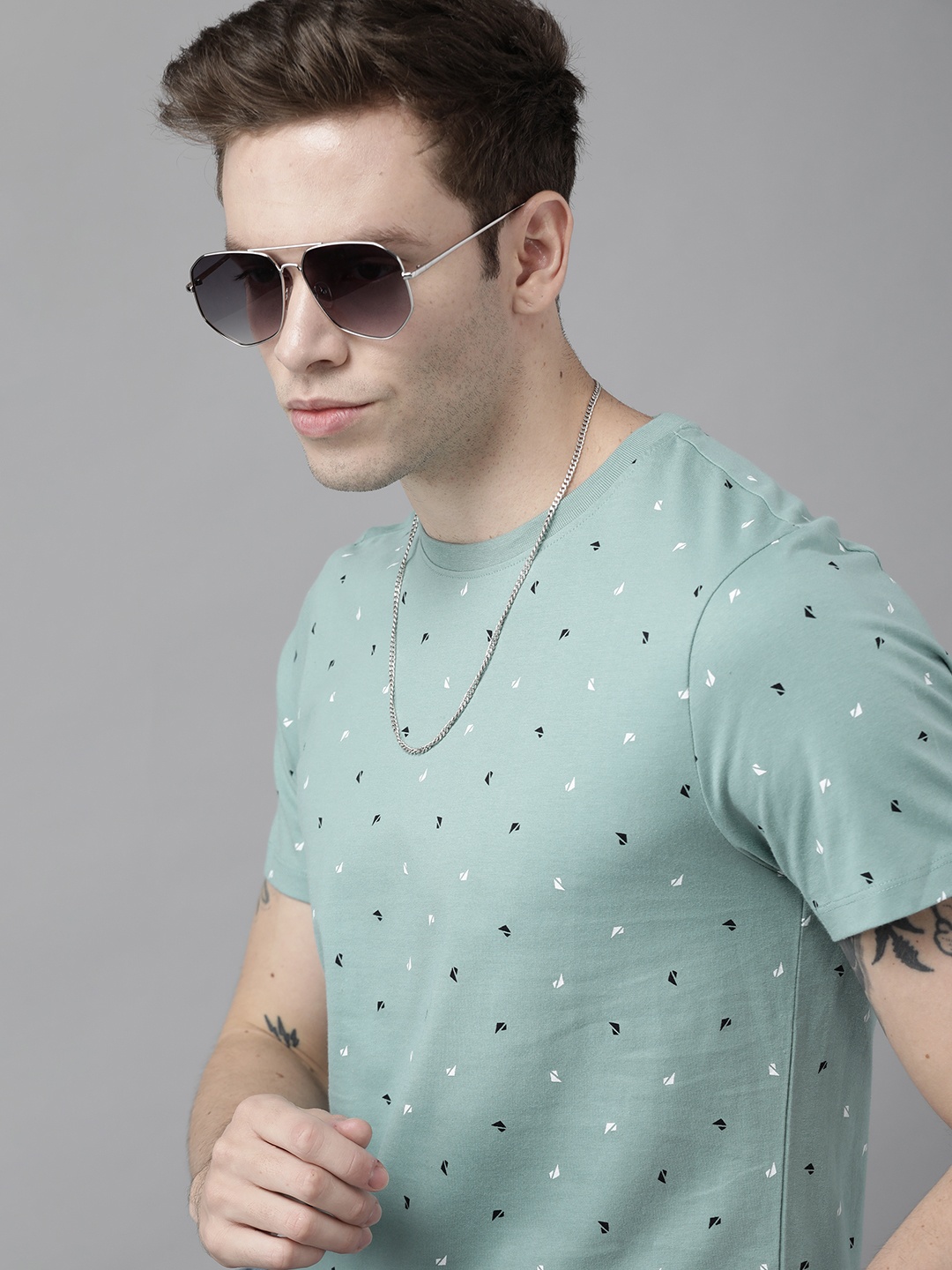 Roadster Men Sea Green Printed Pure Cotton T-shirt