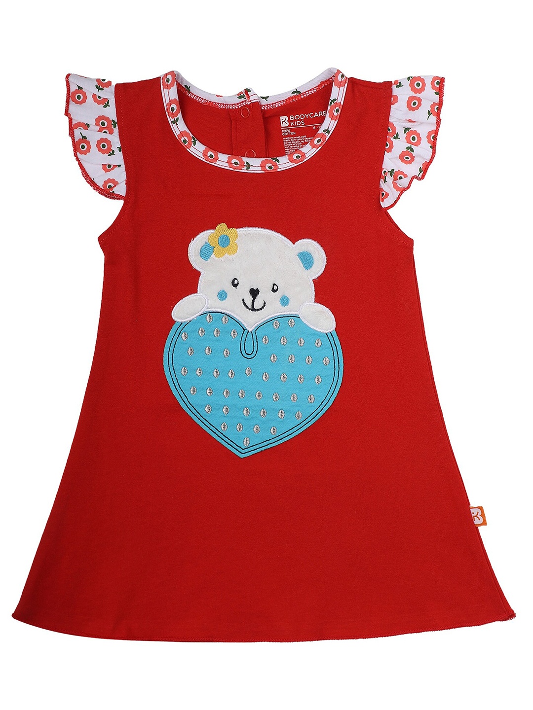 Bodycare Girls Red Applique Cap Sleeves Cotton A-Line Dress