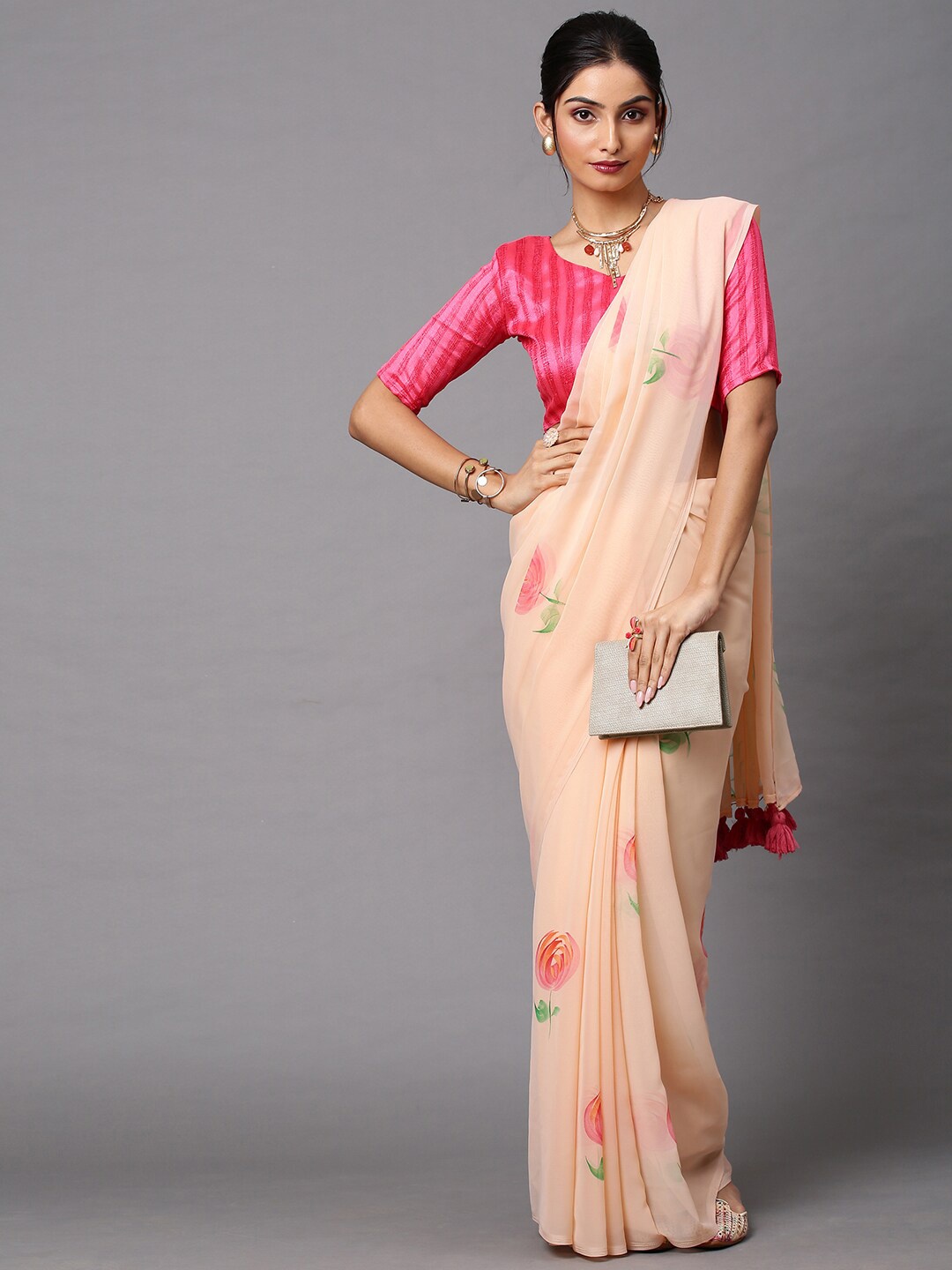 Mitera Peach-Coloured & Pink Ethnic Motifs Printed Saree
