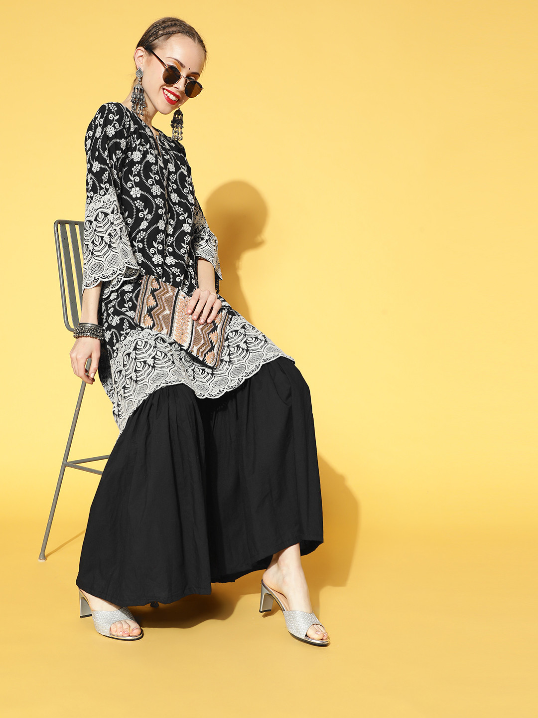 InWeave Women Black & Off-White Ethnic Embroidered Cotton Straight Kurta with Sharara
InWeave Women Black & Off-White Ethnic Embroidered Cotton Straight Kurta with Sharara