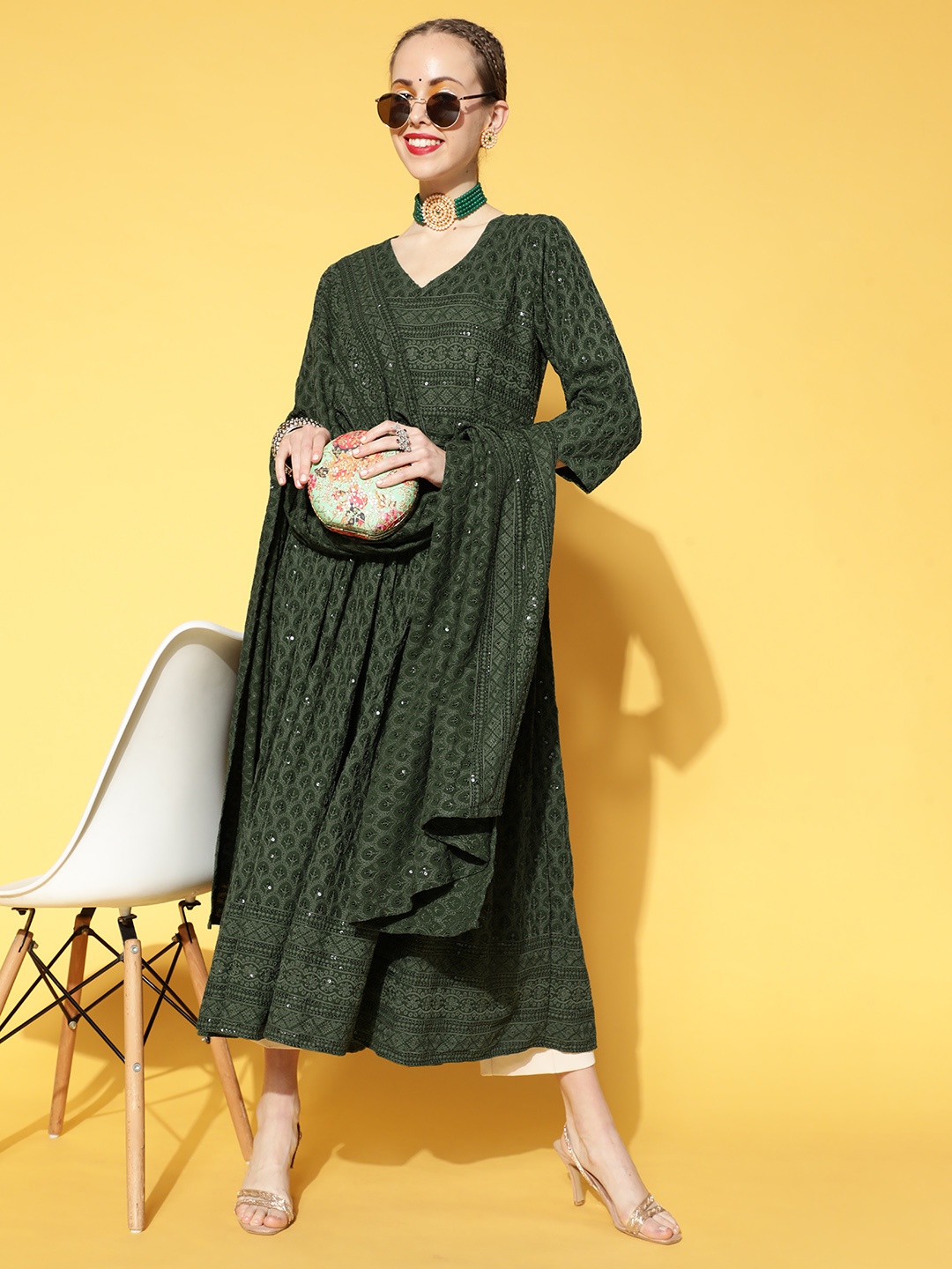 InWeave Women Olive Green Chikankari Embroidered Sequinned Anarkali Kurta & Dupatta
InWeave Women Olive Green Chikankari Embroidered Sequinned Anarkali Kurta & Dupatta
