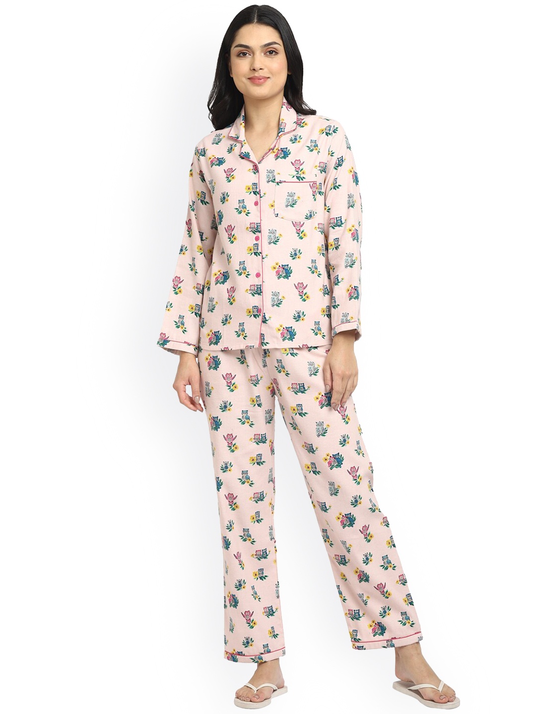 shopbloom Women Pink Printed Cotton Flannel Night suit