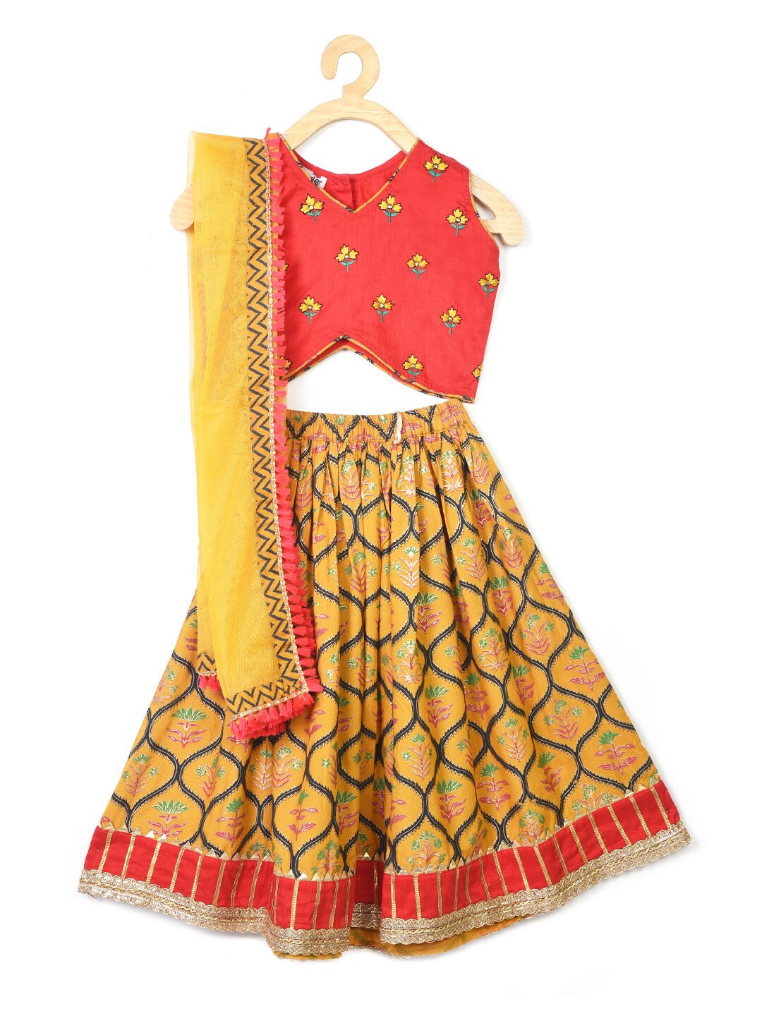 Kinder Kids Girls Yellow & Red Embroidered Ready To Wear Lehenga & Blouse with Dupatta
Kinder Kids Girls Yellow & Red Embroidered Ready To Wear Lehenga & Blouse with Dupatta
