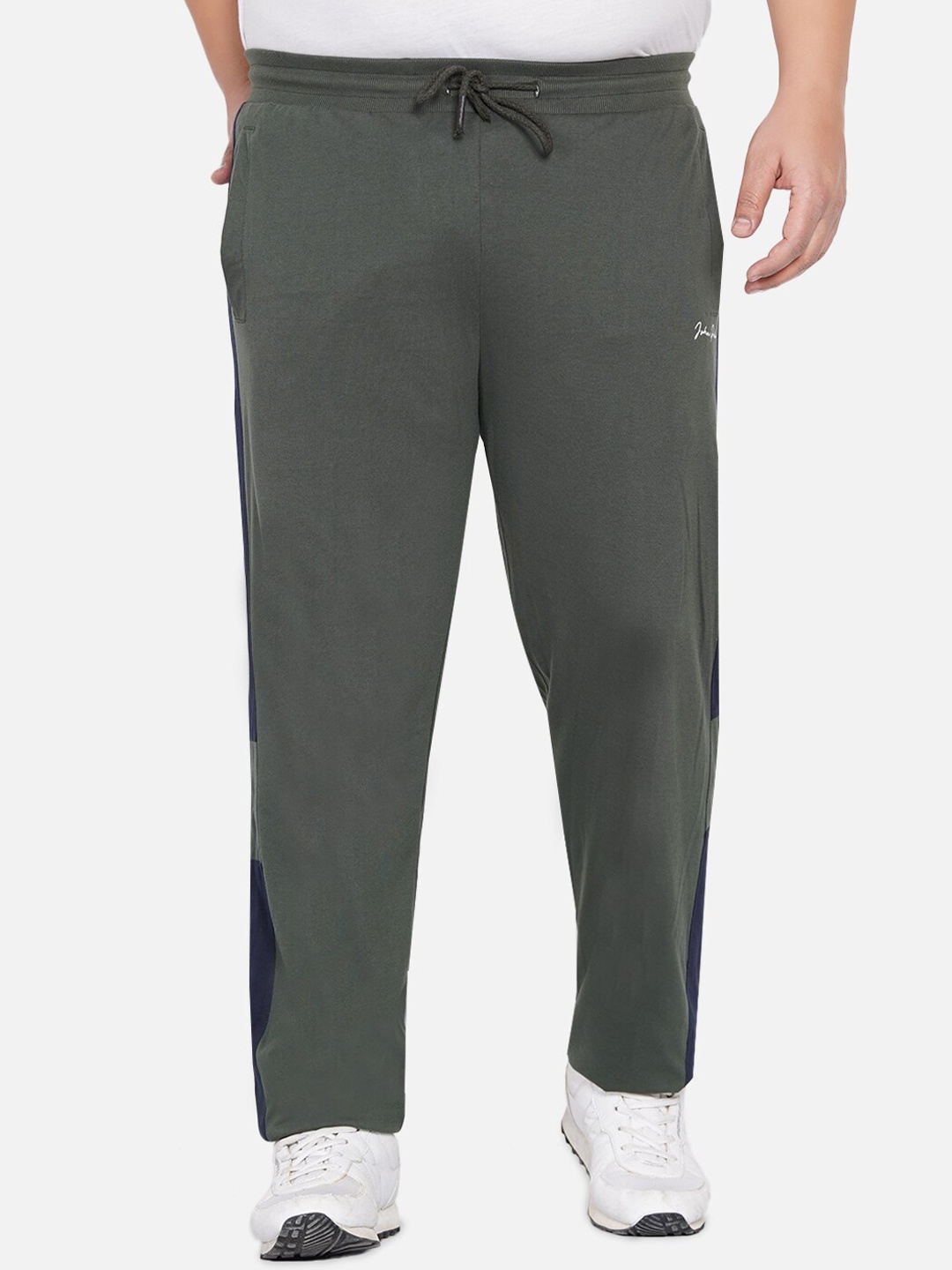 John Pride Men Olive Green Colourblocked Cotton Relaxed-Fit Track pants