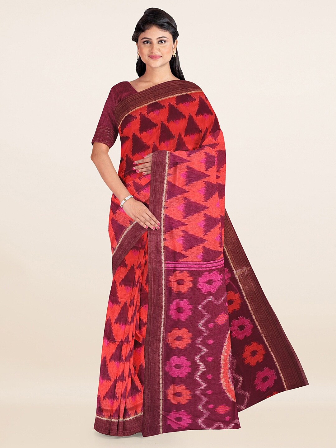 Pothys Women Pink Printed Cotton Blend Saree
