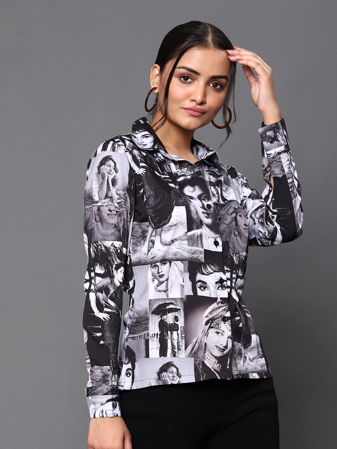 KHUMAAR Shuchi Bhutani Women Black & Off White Contemporary Bollywood Printed Casual Shirt
KHUMAAR Shuchi Bhutani Women Black & Off White Contemporary Bollywood Printed Casual Shirt