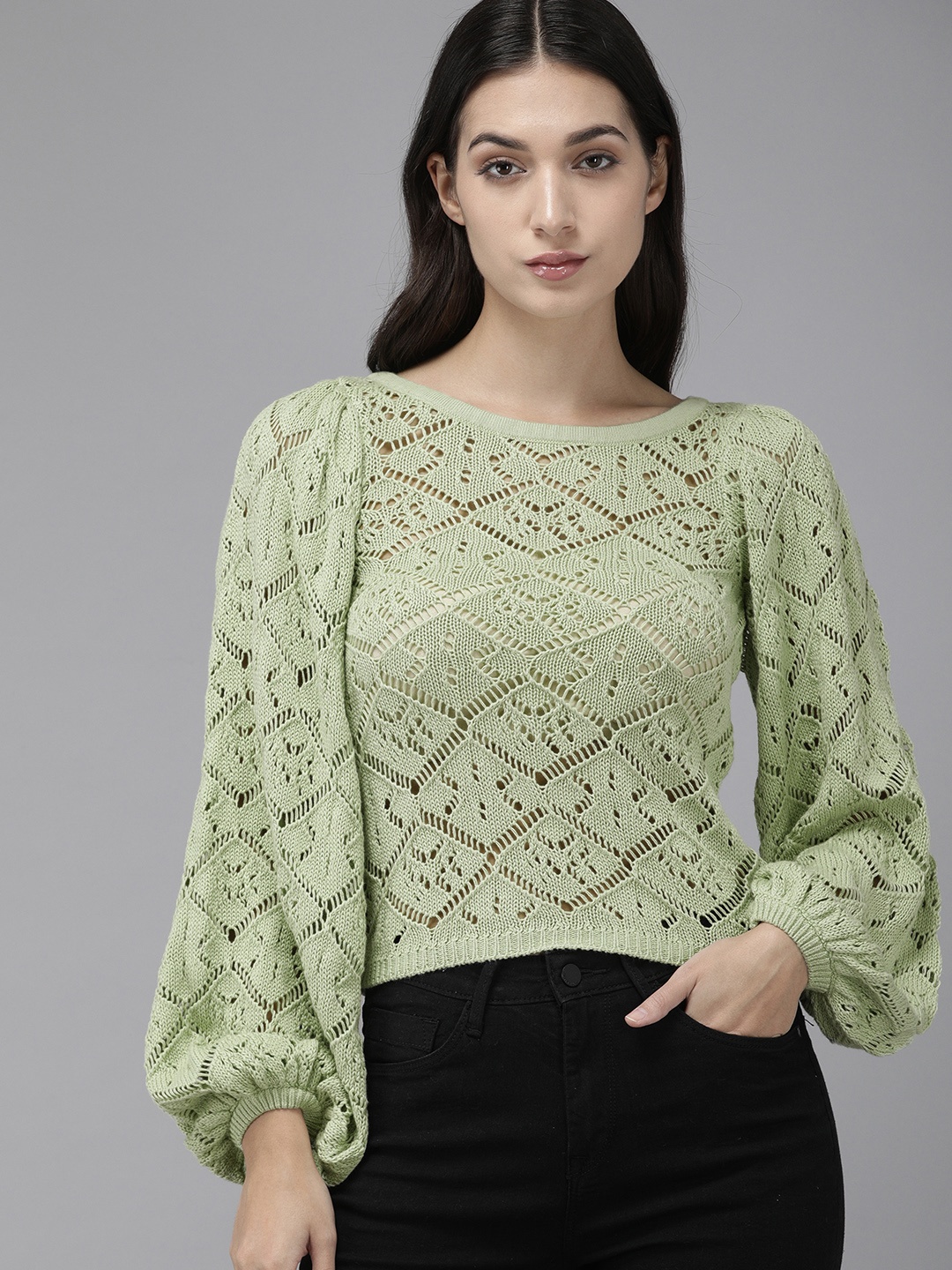 The Roadster Life Co. Women Light Green Geometric Pattern Pure Cotton Open-Knitted Top
The Roadster Life Co. Women Light Green Geometric Pattern Pure Cotton Open-Knitted Top