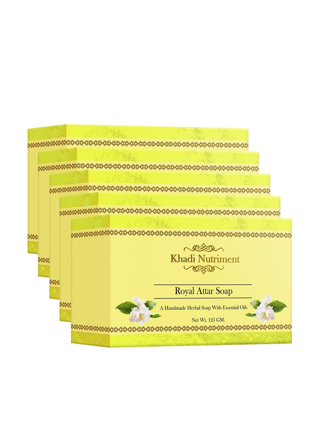 Nutriment Khadi Set of 5 Royal Attar Herbal Soaps with Essential Oils - 125 g each, Yellow
Nutriment Khadi Set of 5 Royal Attar Herbal Soaps with Essential Oils - 125 g each, Yellow