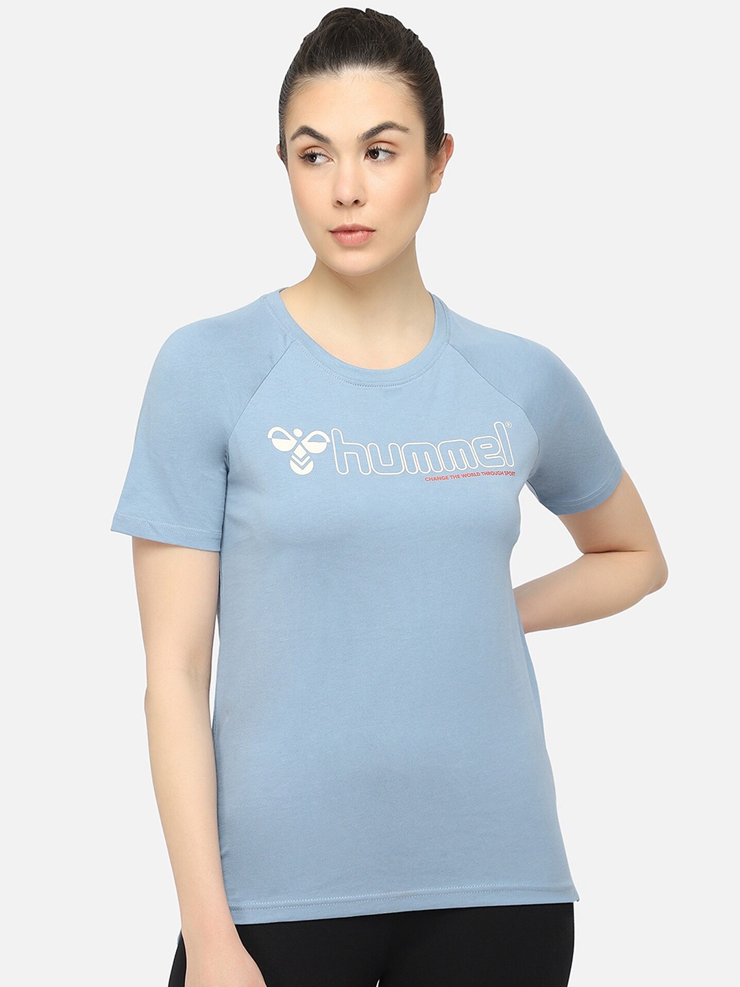 hummel Women Blue & White Typography Pure Cotton Applique T-shirt