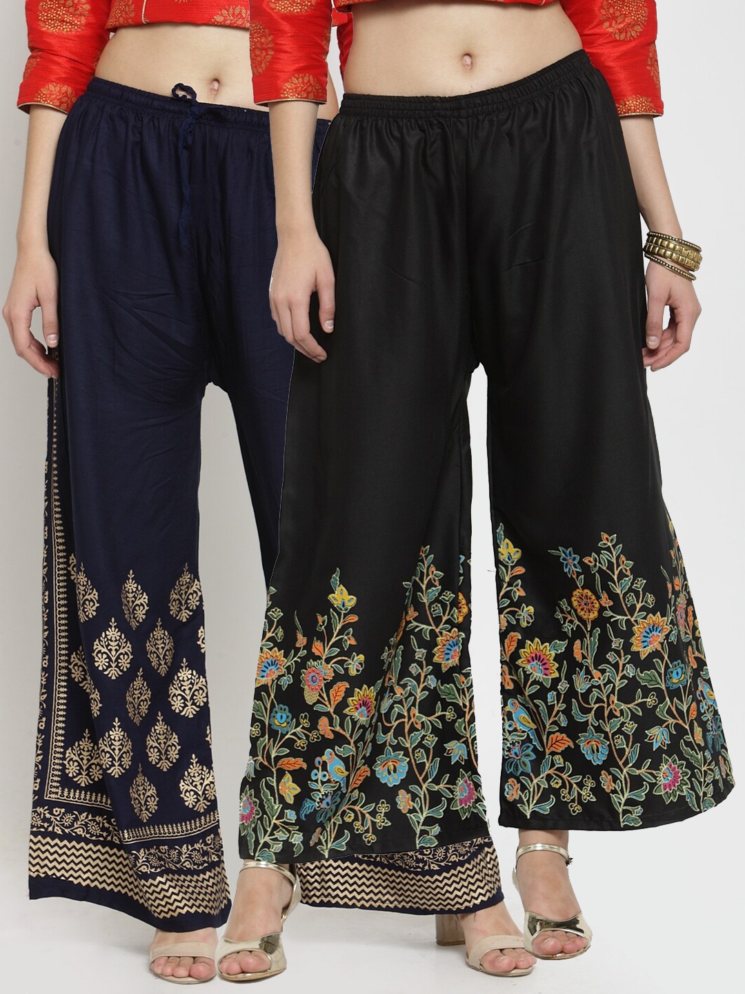 Clora Creation Women Navy Blue & Black Pack Of 2 Floral Printed Knitted Ethnic Palazzos
Clora Creation Women Navy Blue & Black Pack Of 2 Floral Printed Knitted Ethnic Palazzos
