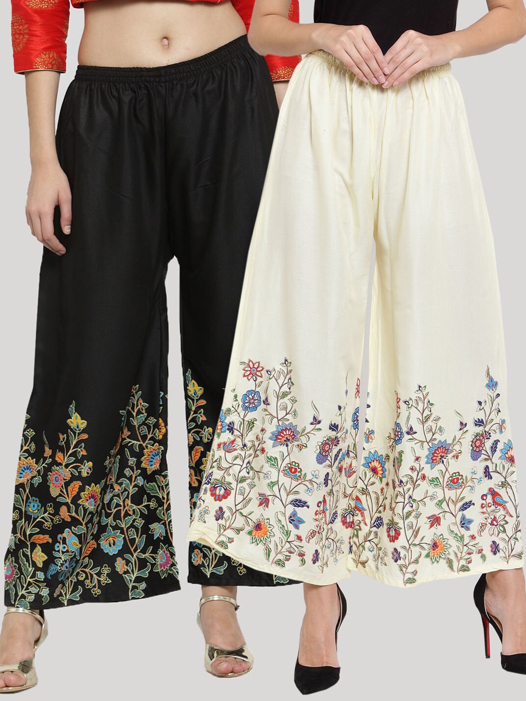 Clora Creation Women Black & Cream-Coloured Pack of 2 Floral Printed Flared Palazzos
Clora Creation Women Black & Cream-Coloured Pack of 2 Floral Printed Flared Palazzos