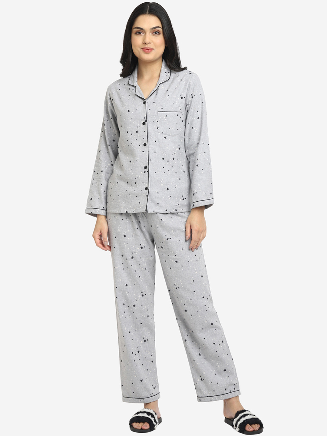 shopbloom Women Grey Printed Cotton Night suit 
shopbloom Women Grey Printed Cotton Night suit