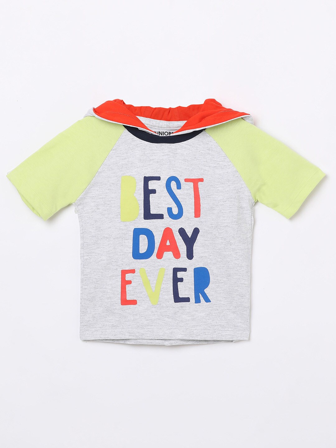 Juniors Boys Grey & Yellow Printed Hooded T-shirt
