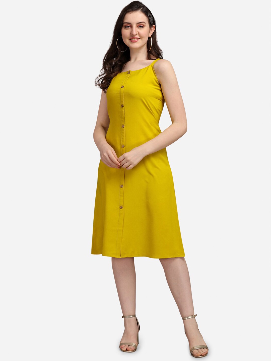Selvia Mustard Yellow Crepe A-Line Dress