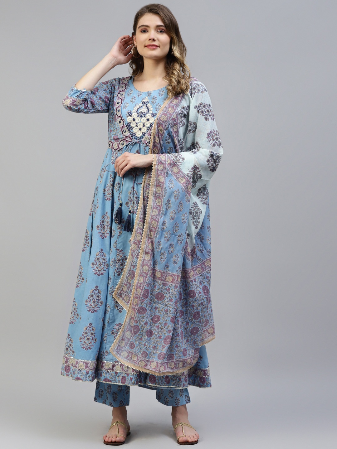MYAZA Women Blue & Beige Cotton Floral Print Mirror Work Kurta with Trousers & Dupatta
MYAZA Women Blue & Beige Cotton Floral Print Mirror Work Kurta with Trousers & Dupatta