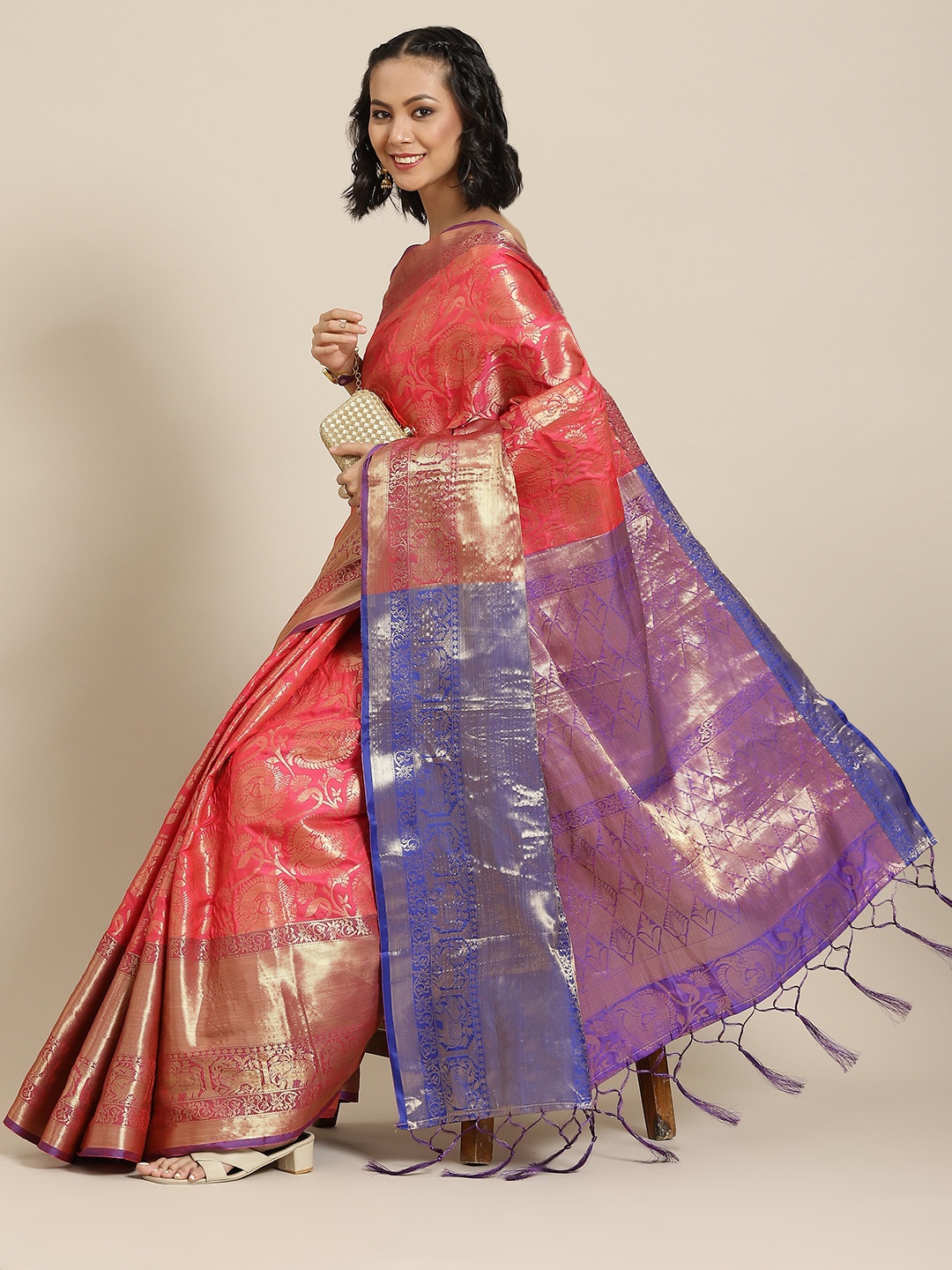 Havida Sarees Coral Pink & Golden Ethnic Motifs Zari Silk Blend Banarasi Saree