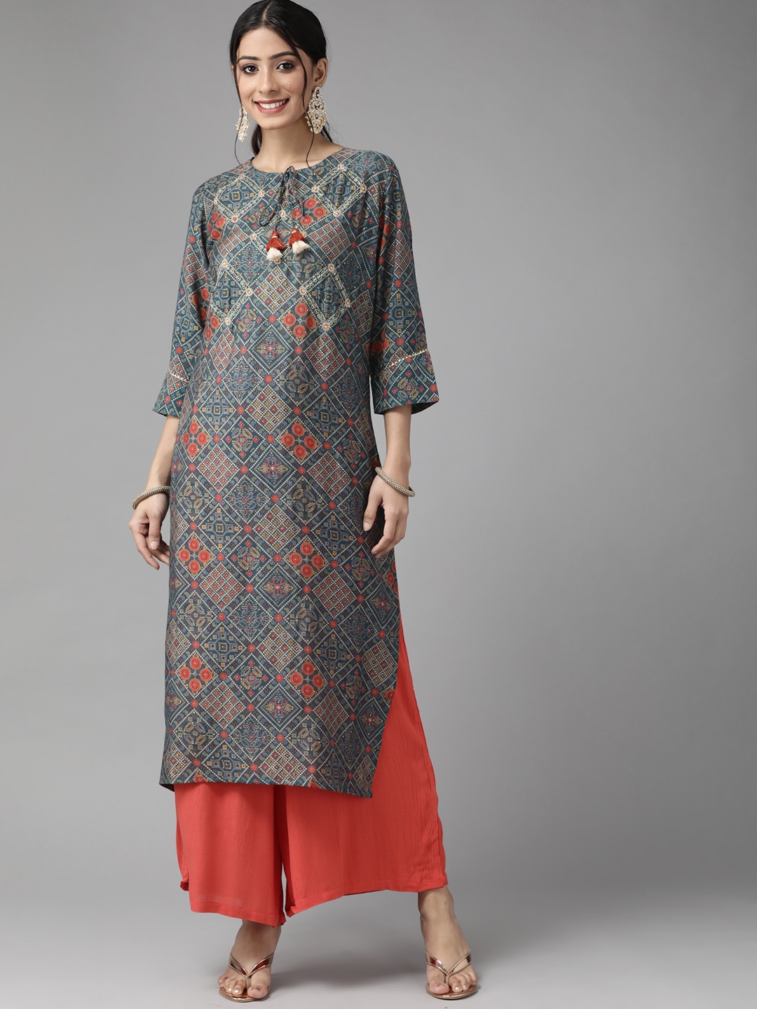 Cayman Women Green & Navy Blue Geometric Printed Kurta