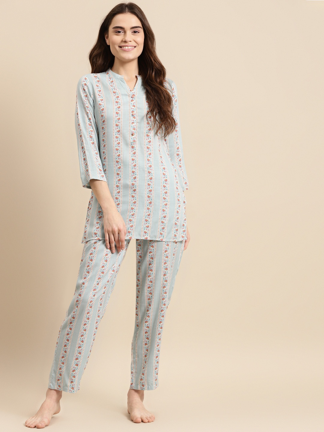 Prakrti Women Turquoise Blue Printed Night suit