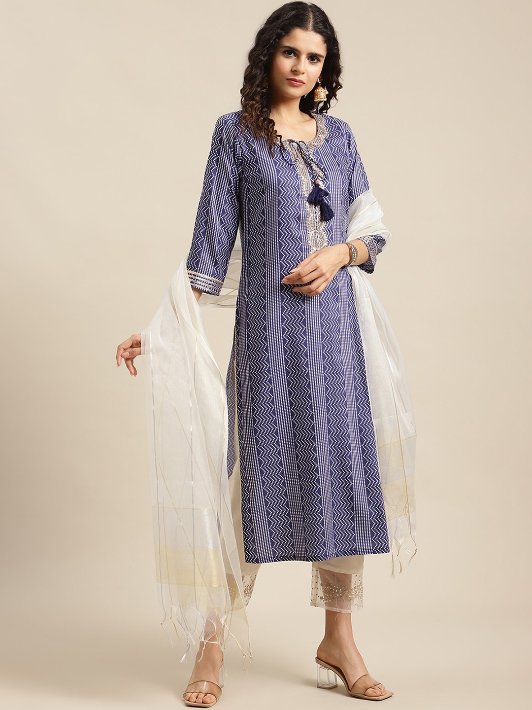 Varanga Women Blue & Cream-Coloured Printed Pure Cotton Kurta with Trousers & Net Dupatta
Varanga Women Blue & Cream-Coloured Printed Pure Cotton Kurta with Trousers & Net Dupatta