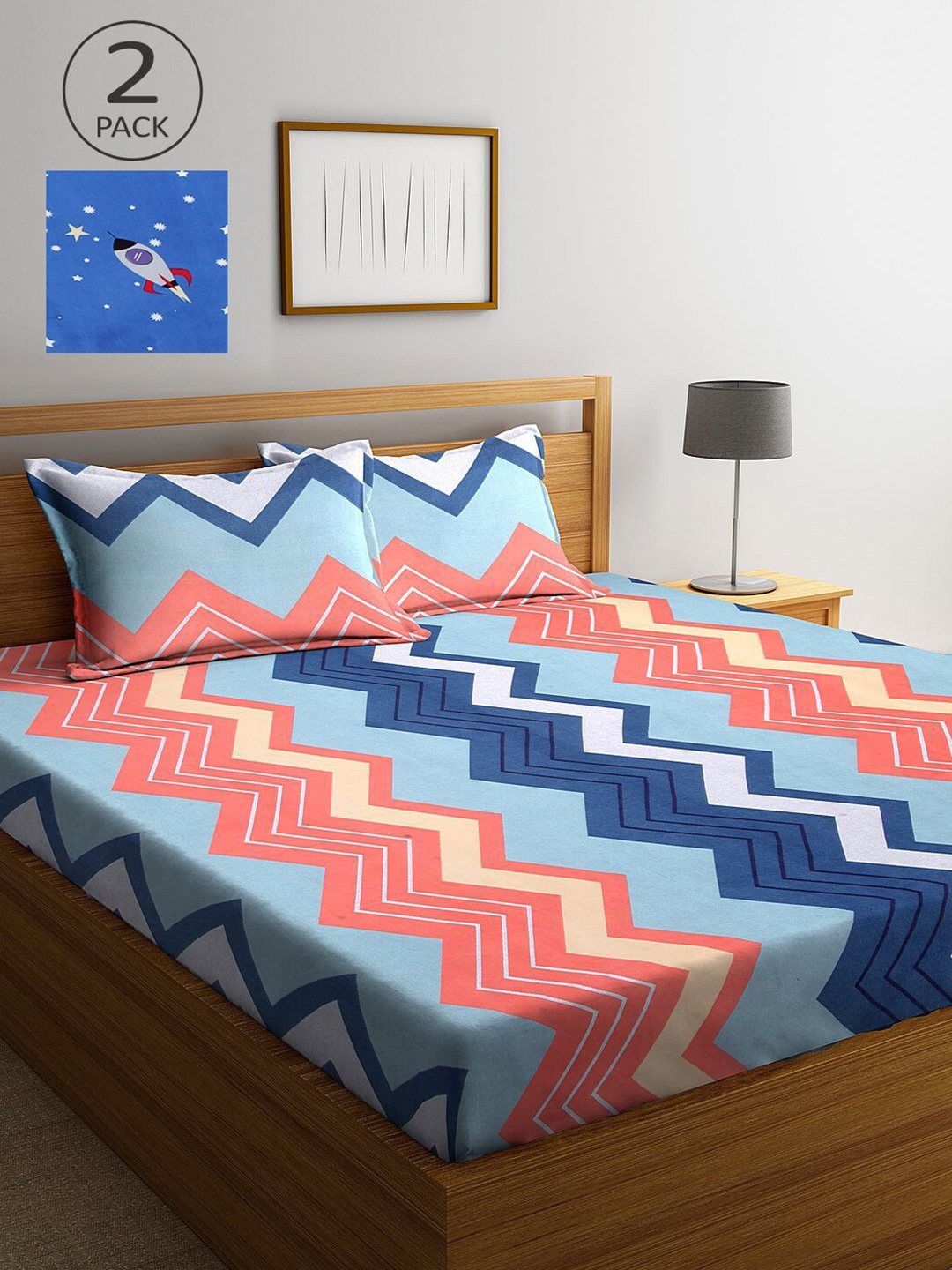 KLOTTHE Blue & Peach-Coloured Geometric 210 TC Set Of 2 King Bedsheet with 4 Pillow Covers
KLOTTHE Blue & Peach-Coloured Geometric 210 TC Set Of 2 King Bedsheet with 4 Pillow Covers