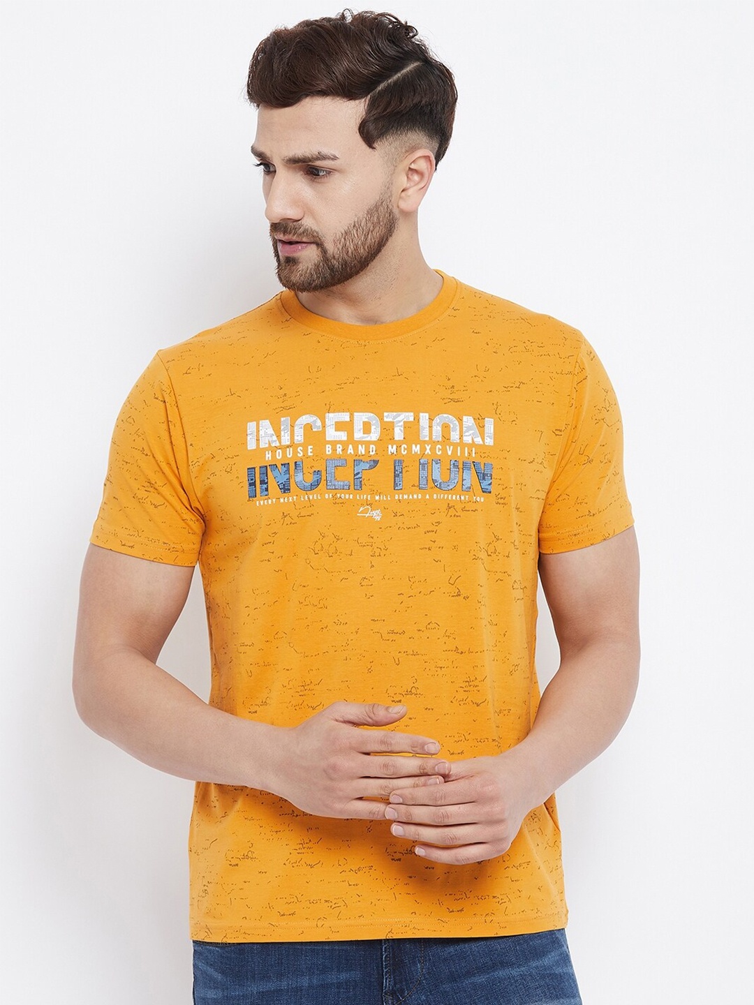 98 Degree North Men Mustard Yellow Typography T-shirt