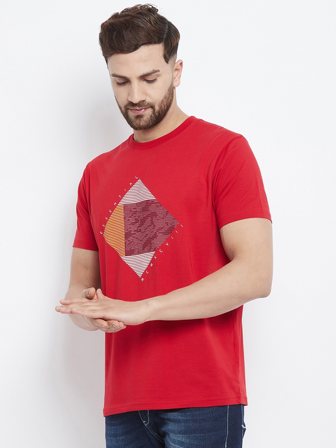 98 Degree North Men Red Graphic Printed Cotton T-shirt