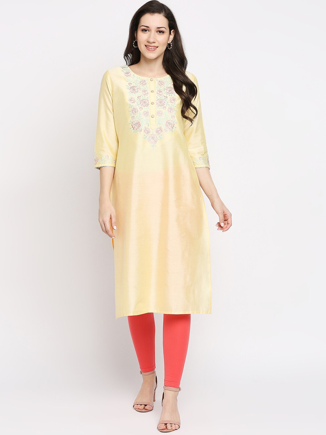 Ethnicity Women Yellow Floral Yoke Design Thread Work Kurta