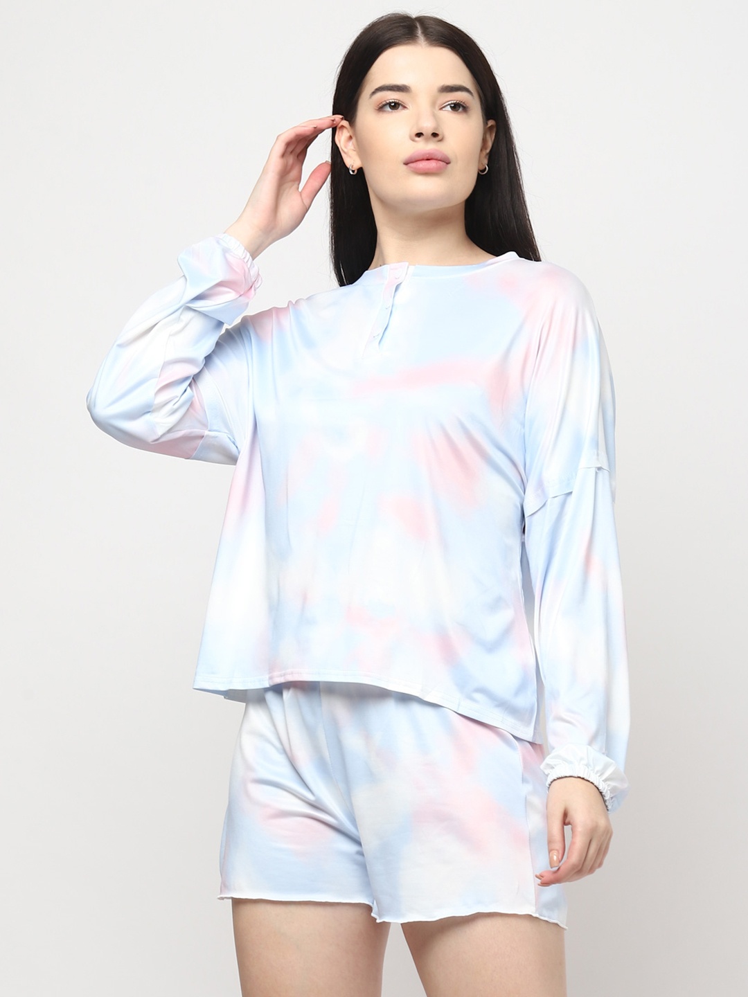JerfSports Women Blue & Pink Dyed T-shirt & Shorts Sets
