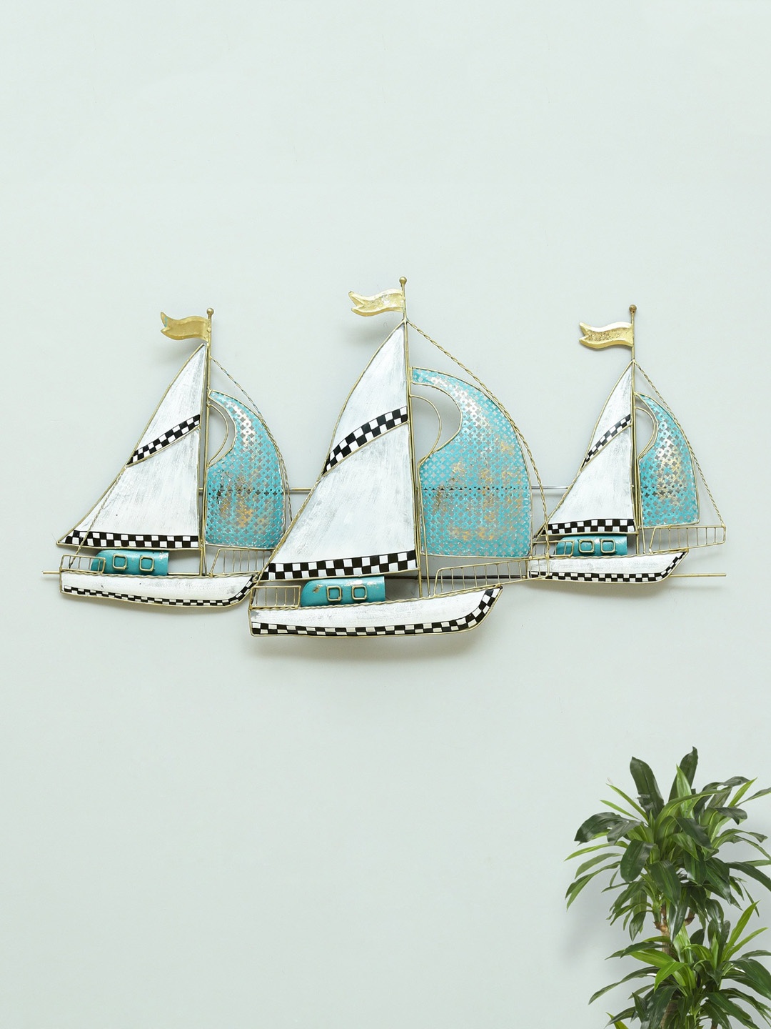 vedas Gold-Toned & Blue W-Breeze Boat Wall Dcor