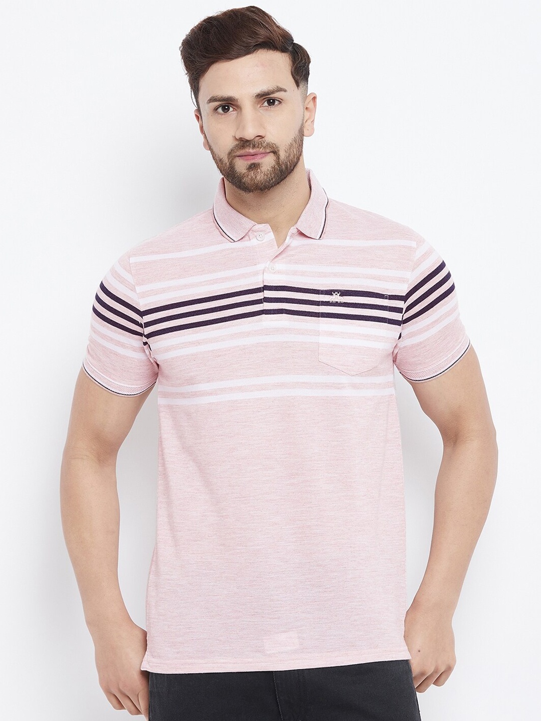 98 Degree North Men Pink Striped Polo Collar T-shirt