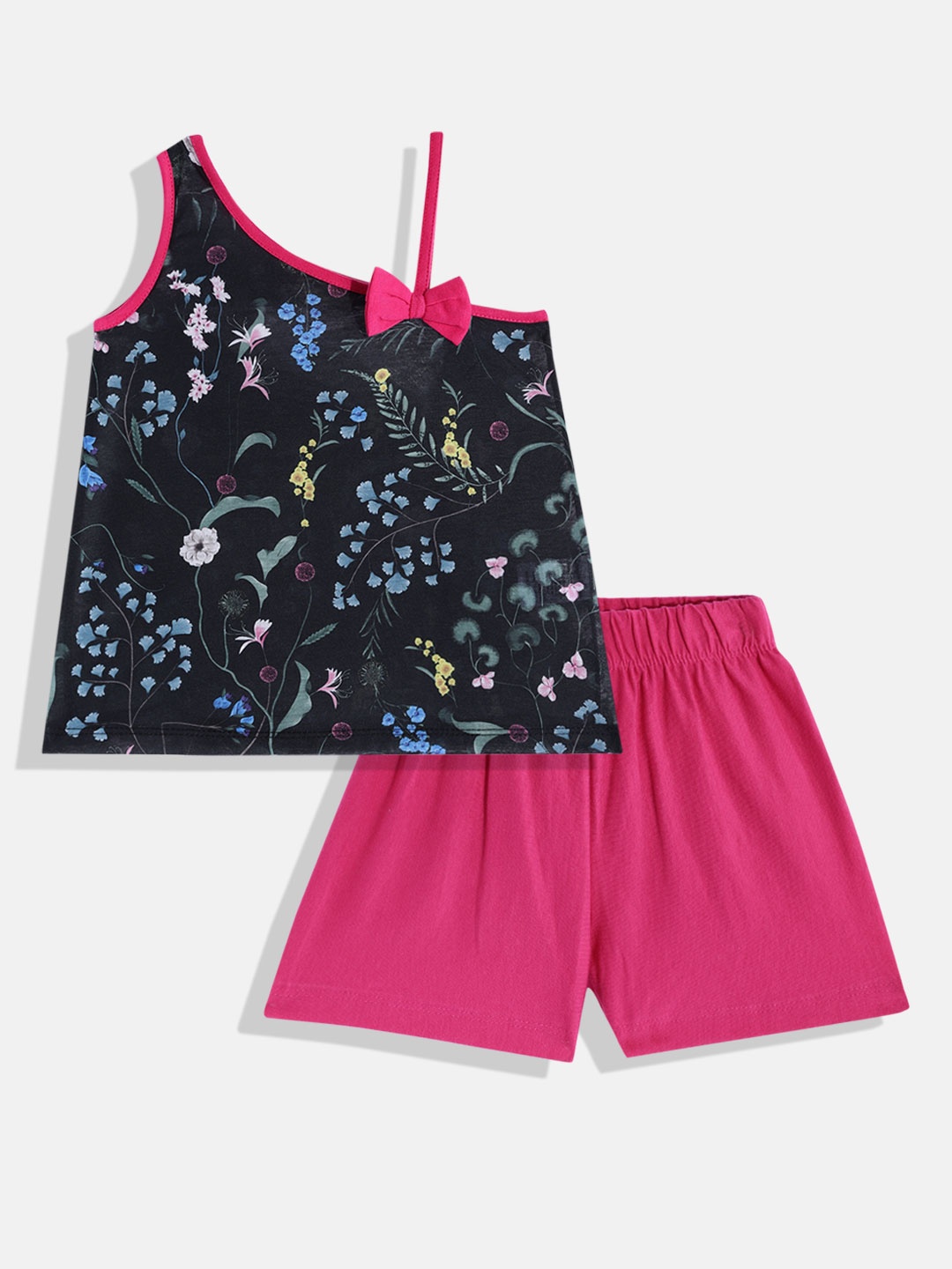 CrayonFlakes Girls Black & Pink Floral Printed Clothing Set