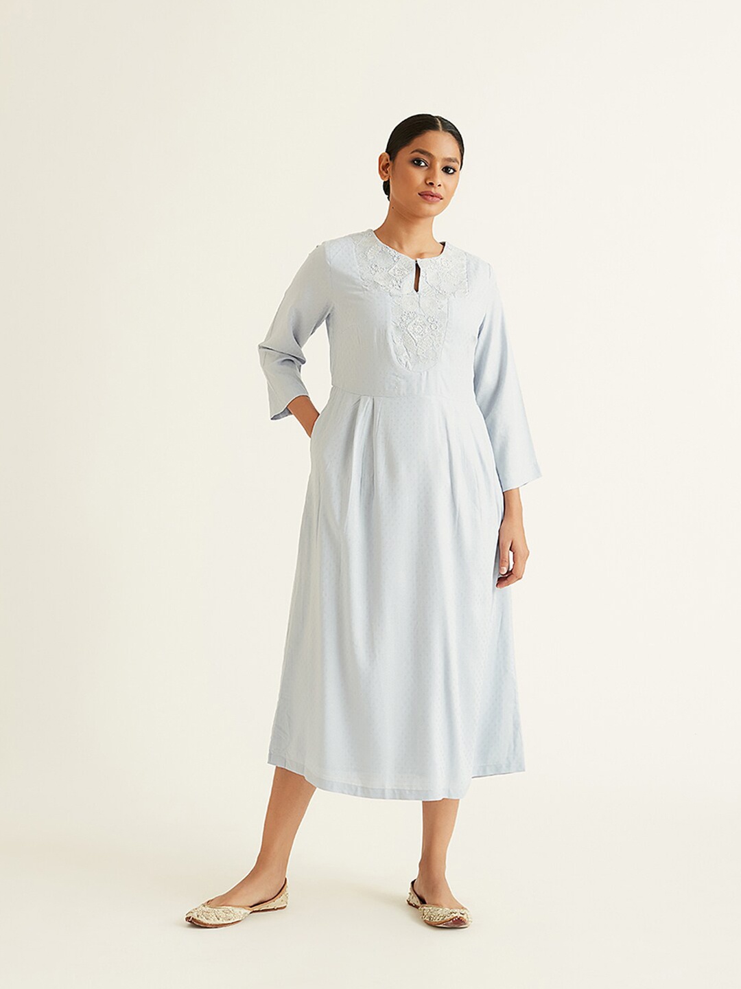 Ancestry Women Blue Keyhole Neck Midi Ethnic Dress