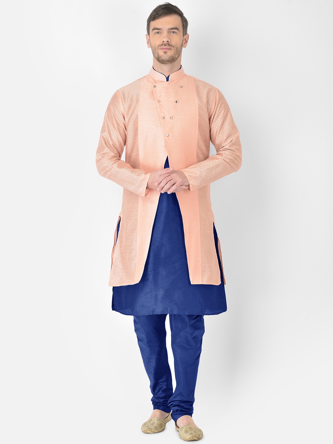 SG RAJASAHAB Men Blue & Peach-Coloured Woven design Layered Raw Silk Kurta with Churidar
SG RAJASAHAB Men Blue & Peach-Coloured Woven design Layered Raw Silk Kurta with Churidar