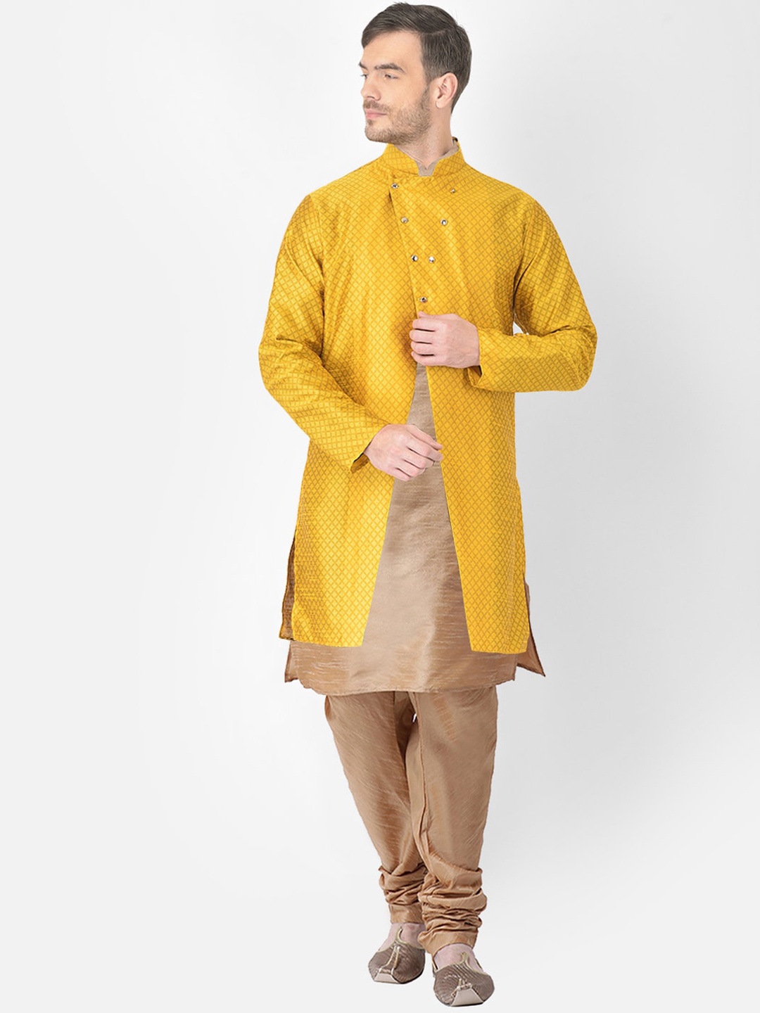 SG RAJASAHAB Men Gold-Toned & Brown Woven design Layered Raw Silk Kurta with Churidar
SG RAJASAHAB Men Gold-Toned & Brown Woven design Layered Raw Silk Kurta with Churidar