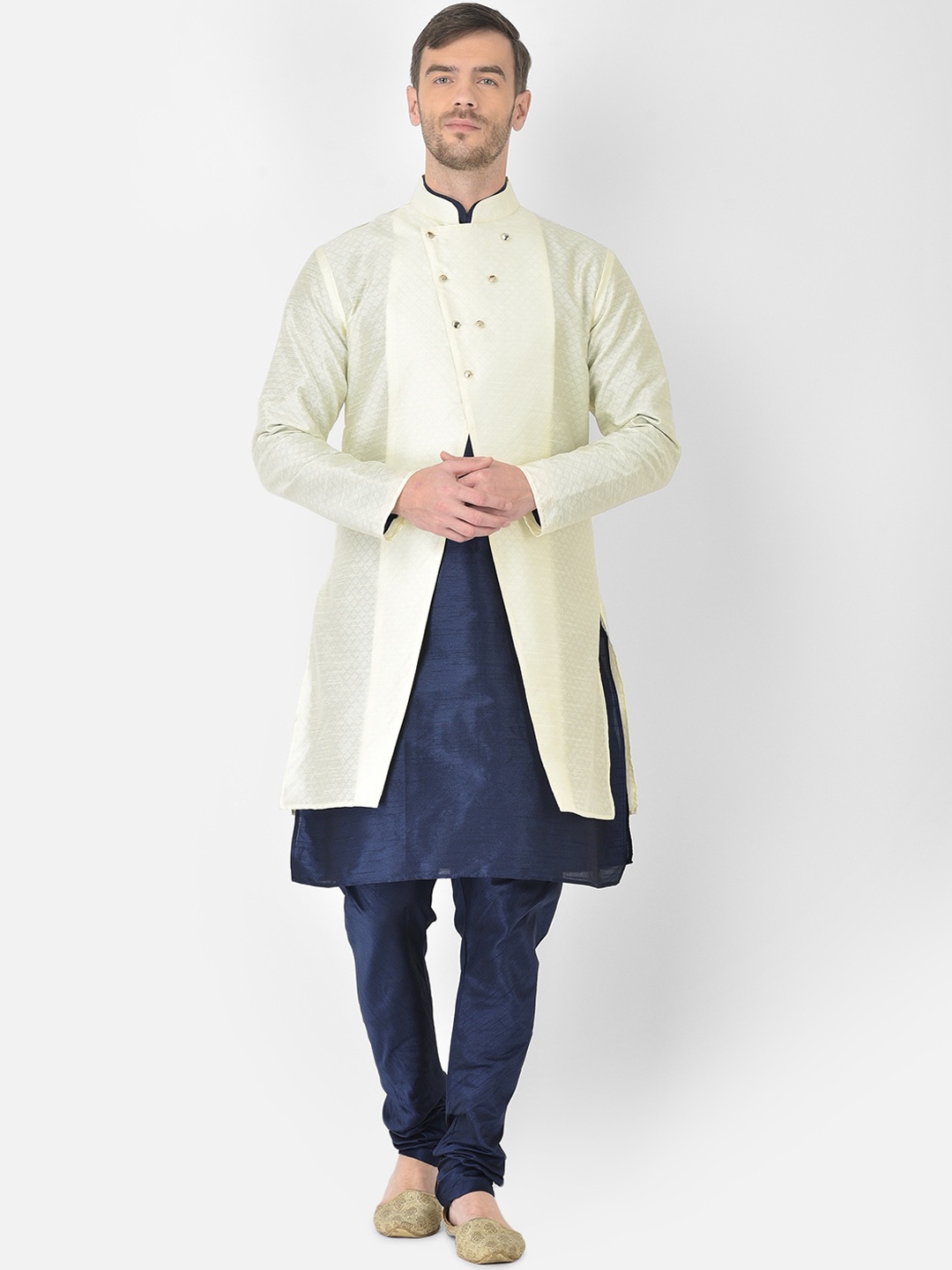 SG RAJASAHAB Men Navy Blue & Off White Woven design Layered Raw Silk Kurta with Churidar
SG RAJASAHAB Men Navy Blue & Off White Woven design Layered Raw Silk Kurta with Churidar