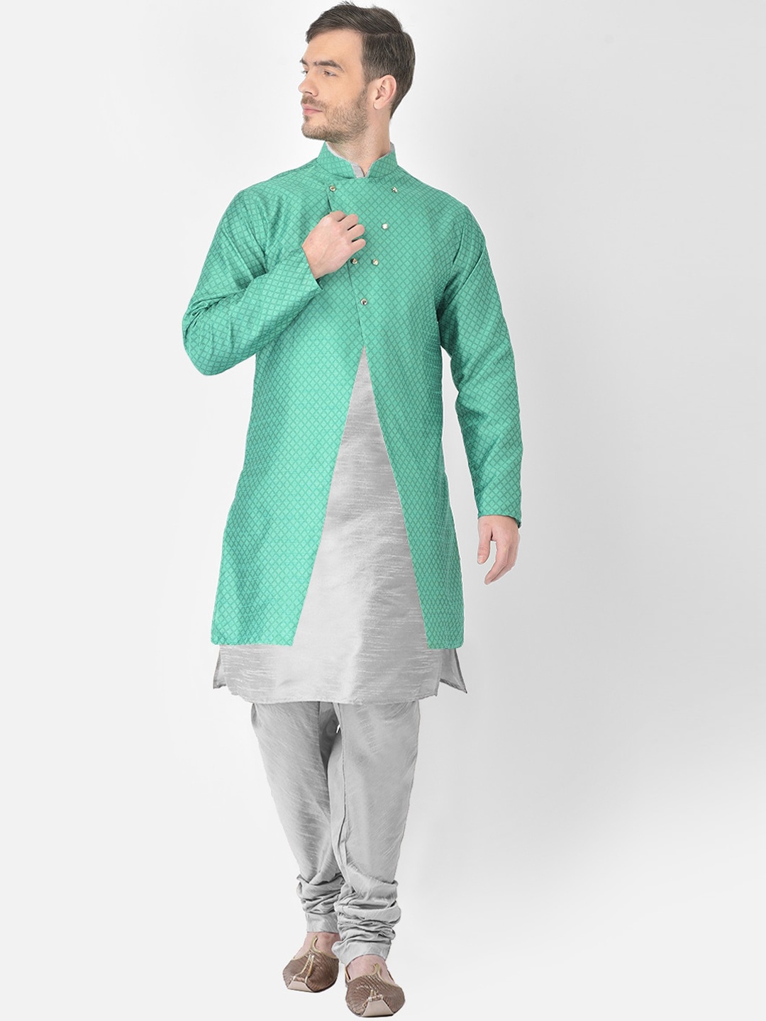SG RAJASAHAB Men Silver-Toned & Green Woven design Layered Raw Silk Kurta with Churidar
SG RAJASAHAB Men Silver-Toned & Green Woven design Layered Raw Silk Kurta with Churidar