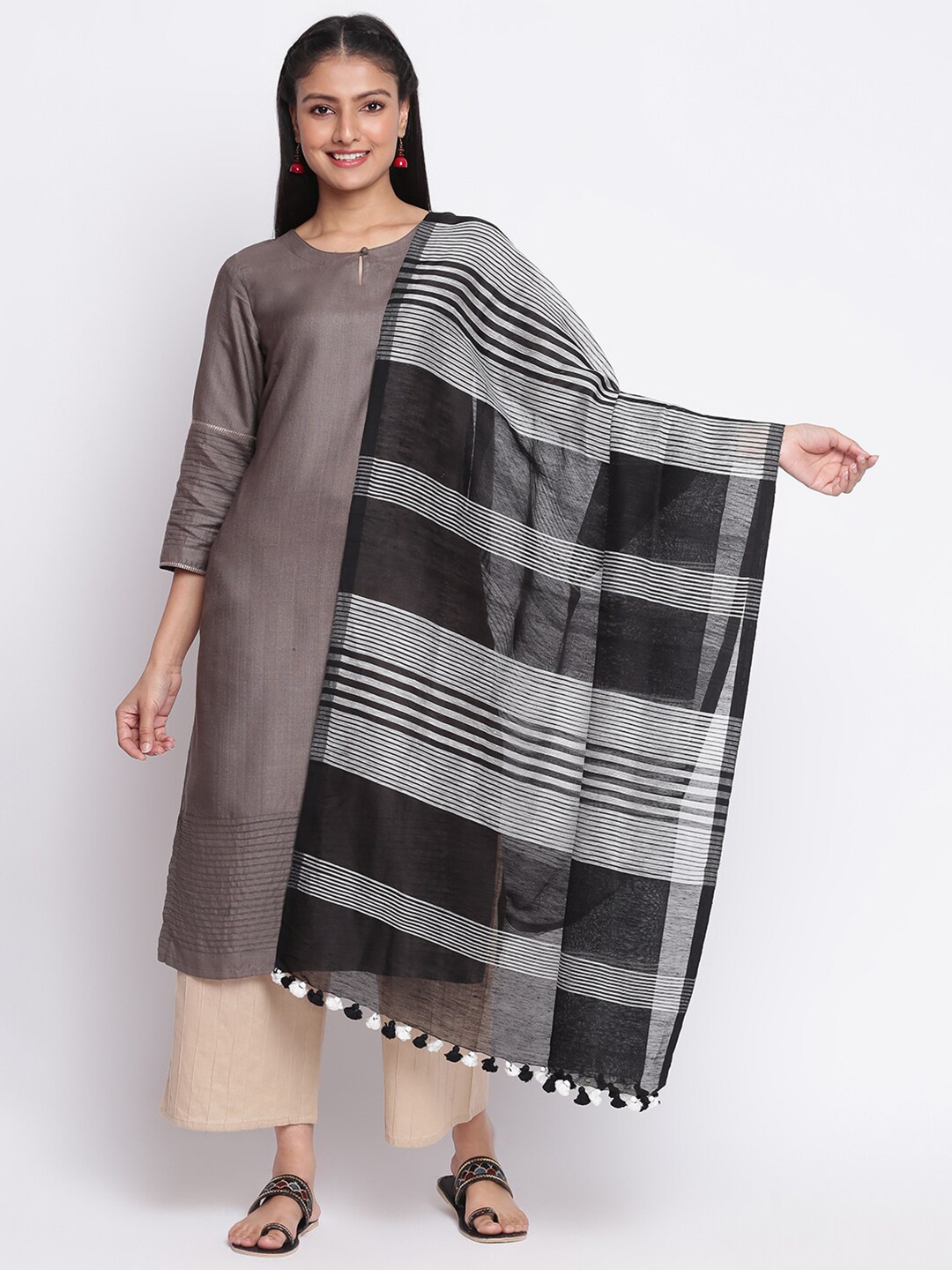Fabindia Women Black & Grey Striped Linen Dupatta