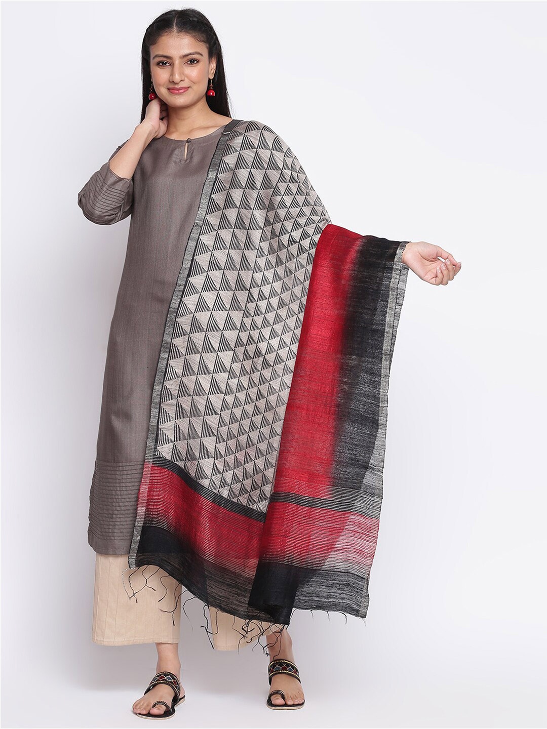 Fabindia Black & Red Printed Pure Silk Dupatta