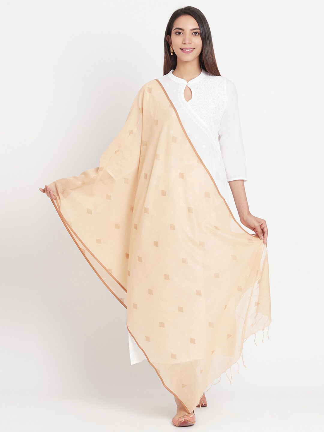 Fabindia Women Beige Geometric Printed Cotton Stoles