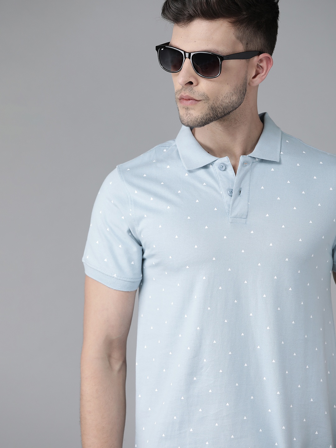 Roadster Men Blue & White Printed Polo Collar Pure Cotton T-shirt