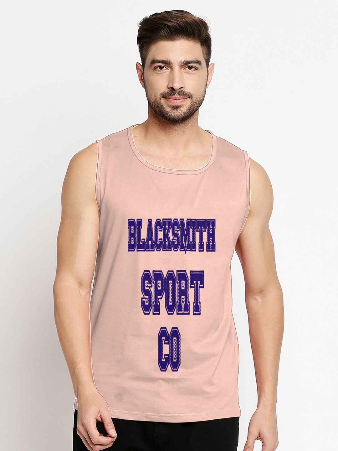 Blacksmith Men Peach-Coloured & Blue Printed Round Neck Cotton Training or Gym T-shirt