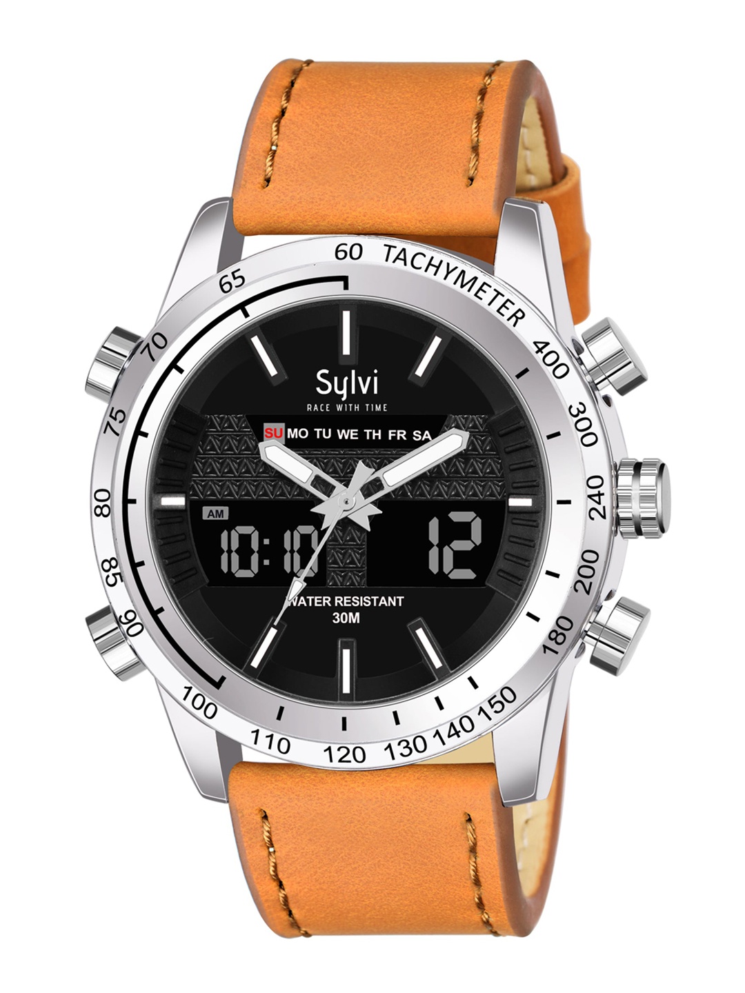 Sylvi Men Black Dial & Leather Straps Analogue and Digital Watch 8071-Browna, Silver
Sylvi Men Black Dial & Leather Straps Analogue and Digital Watch 8071-Browna, Silver