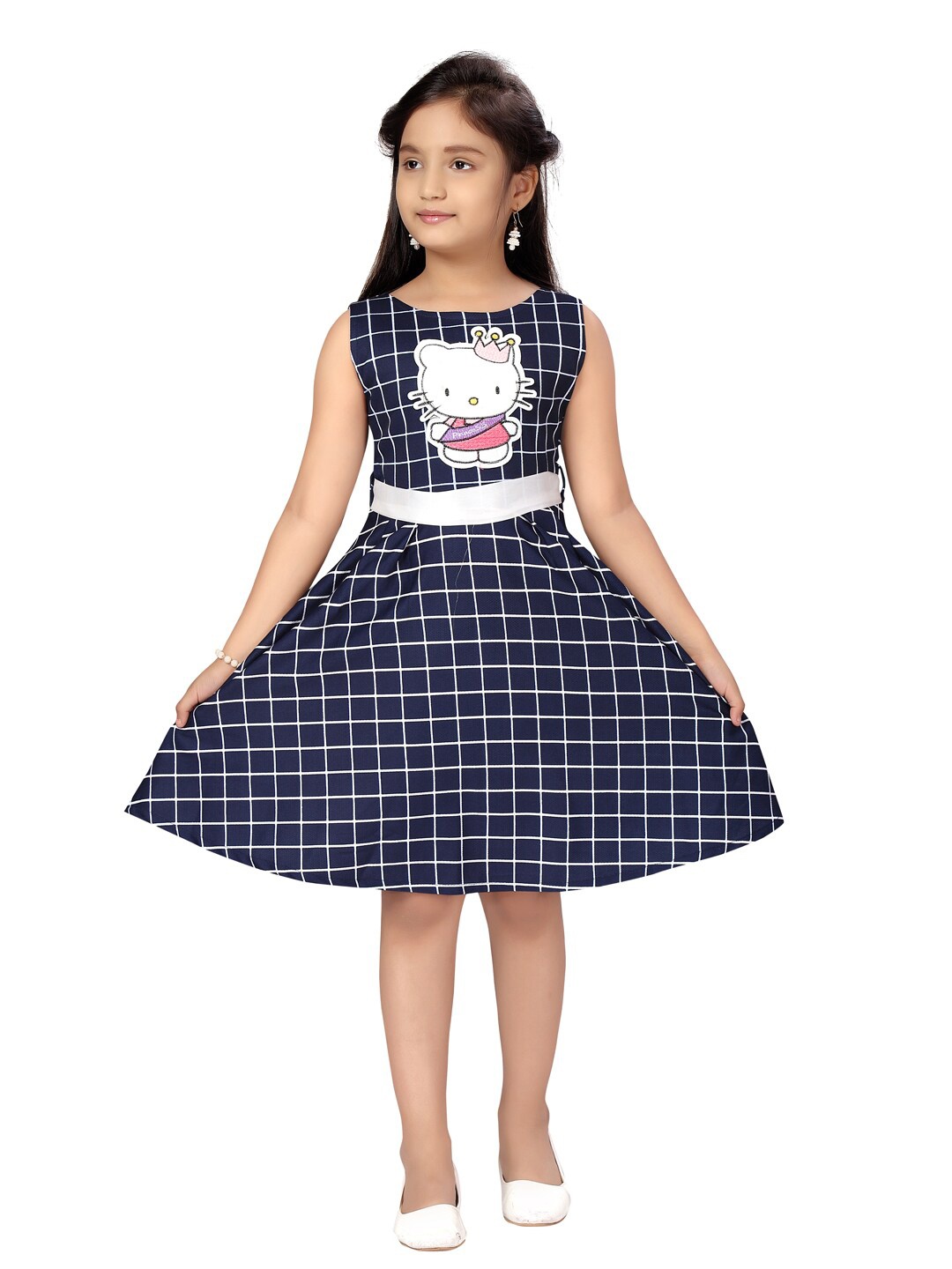 Aarika Girls Navy Blue Checked Fit & Flare Dress