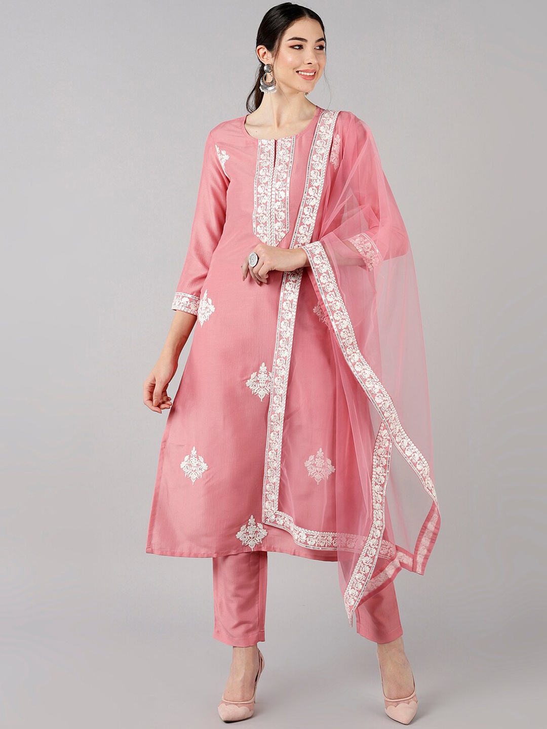 AHIKA Women Pink & White Ethnic Motifs Embroidered Kurta with Trousers & Dupatta
AHIKA Women Pink & White Ethnic Motifs Embroidered Kurta with Trousers & Dupatta