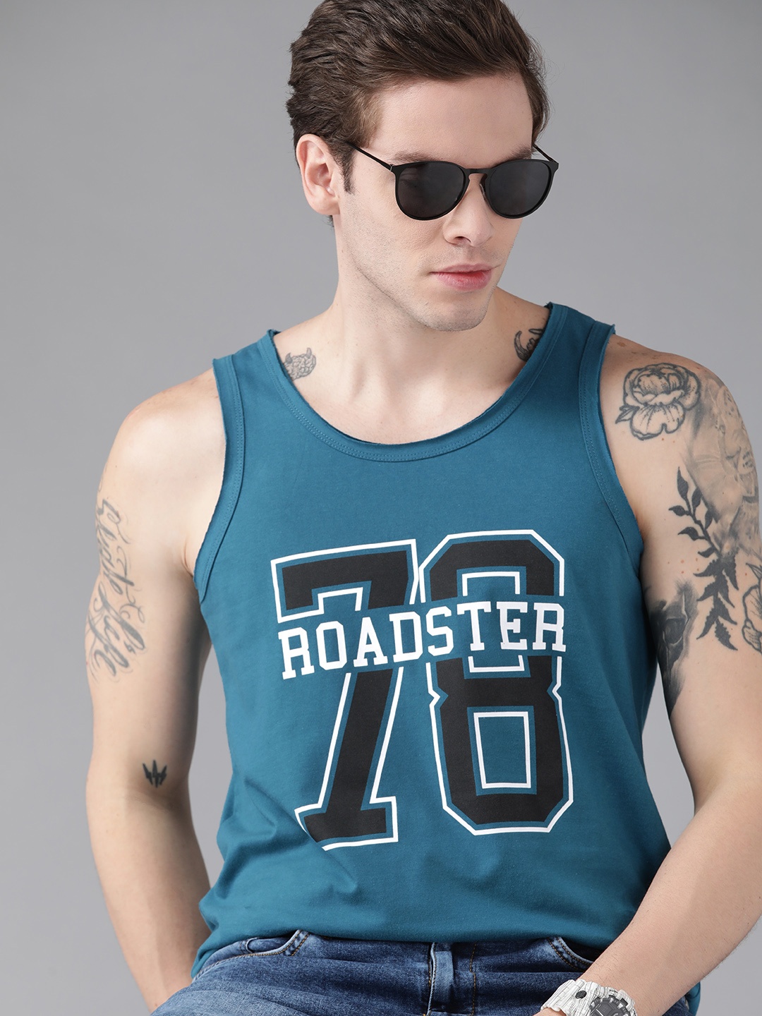 Roadster Men Teal Blue & White Brand Logo Printed Pure Cotton T-shirt