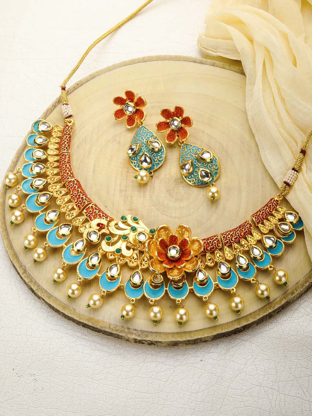 Priyaasi Blue & Red Gold-Plated Kundan-Studded Jewellery Set