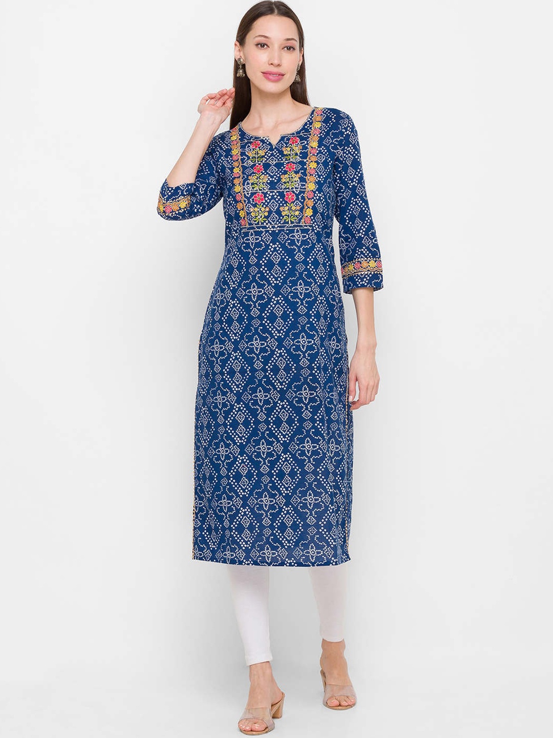 ZOLA Women Pure Cotton Bandhani Printed Embroidered Detail Kurta, Blue