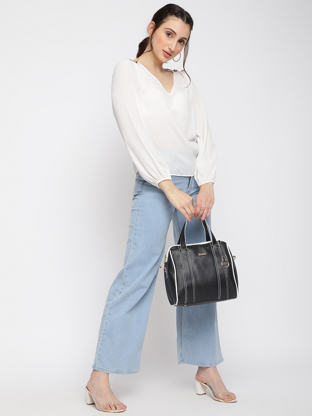 KLEIO Striped Structured Handheld Bag, Black