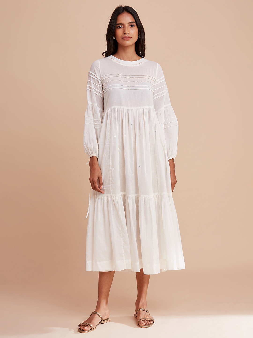 W The Folksong Collection Cream-Coloured Solid A-Line Tiered Midi Dress
W The Folksong Collection Cream-Coloured Solid A-Line Tiered Midi Dress