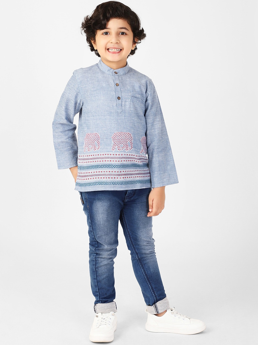 Fabindia Boys Blue Printed Thread Work Kurta